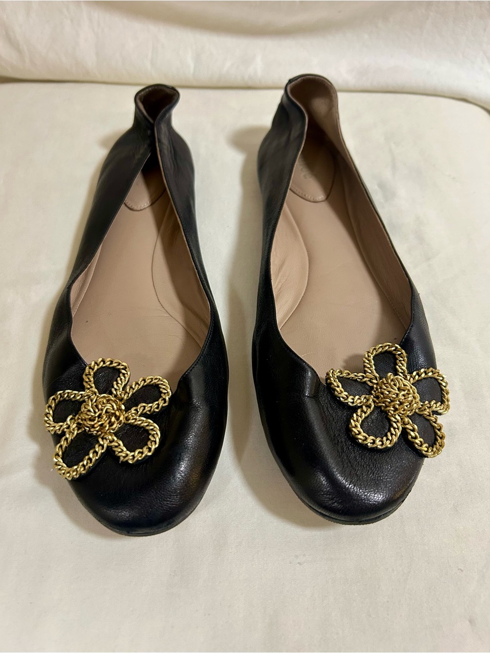 Chloé Laurena Black Leather Chain Flower Ballet Flats